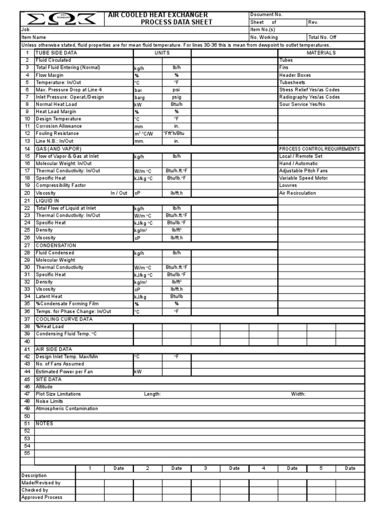 Aircooled Heat Exchanger Process Data Sheet PDF Heat Exchanger