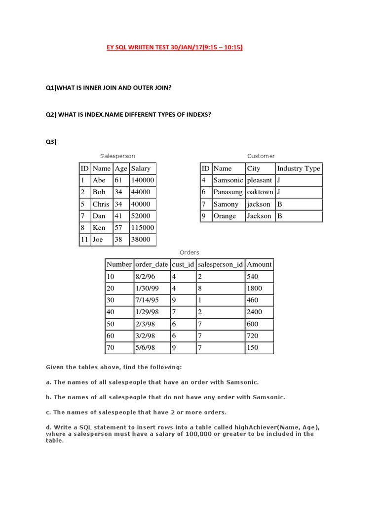 EY SQL Written Test Questions | PDF | Data Management Software | Areas ...