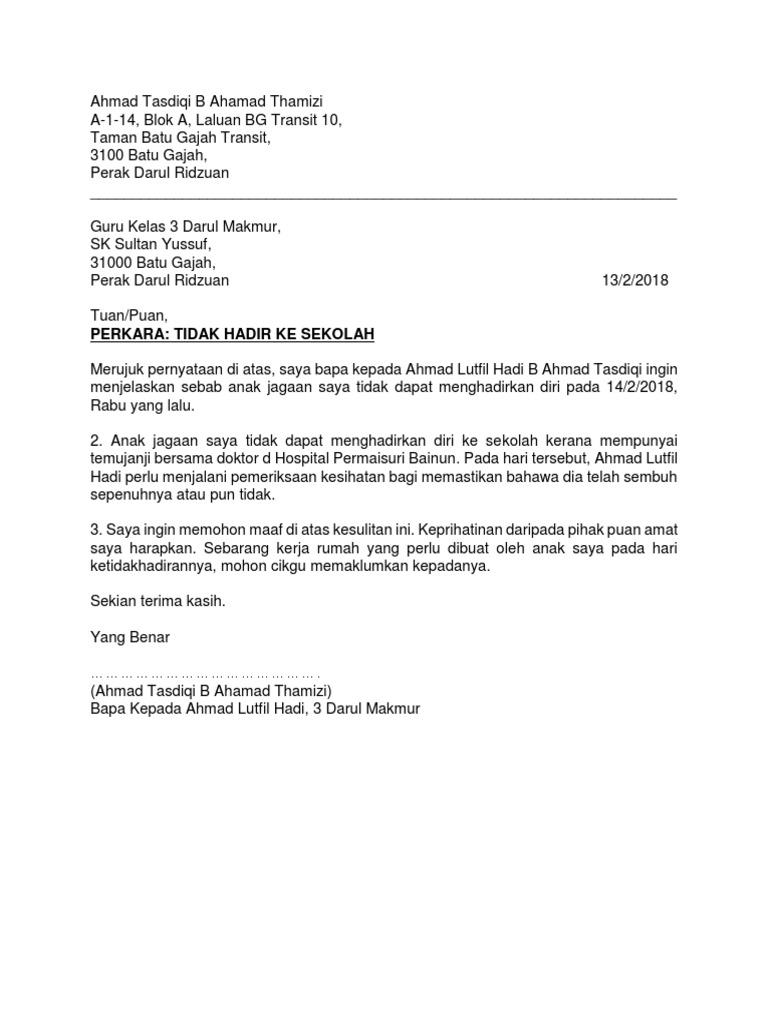 Surat Tidak Hadir Ke Sekolah Lutfi 14 2 2018 Temujanji Doktor Pdf