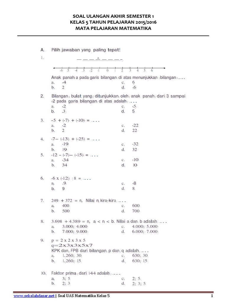 Soal Uas Matematika Kelas 5 Semester 1
