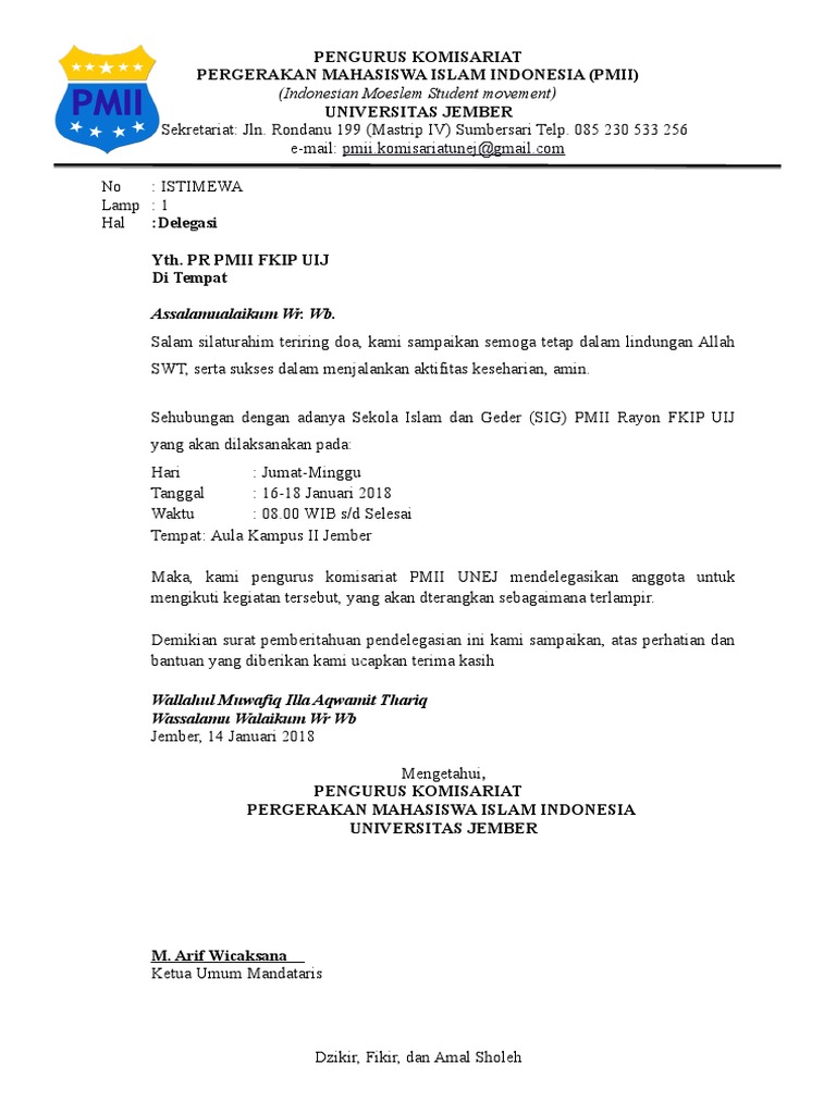 Contoh Surat Delegasi Pmii aristeonews