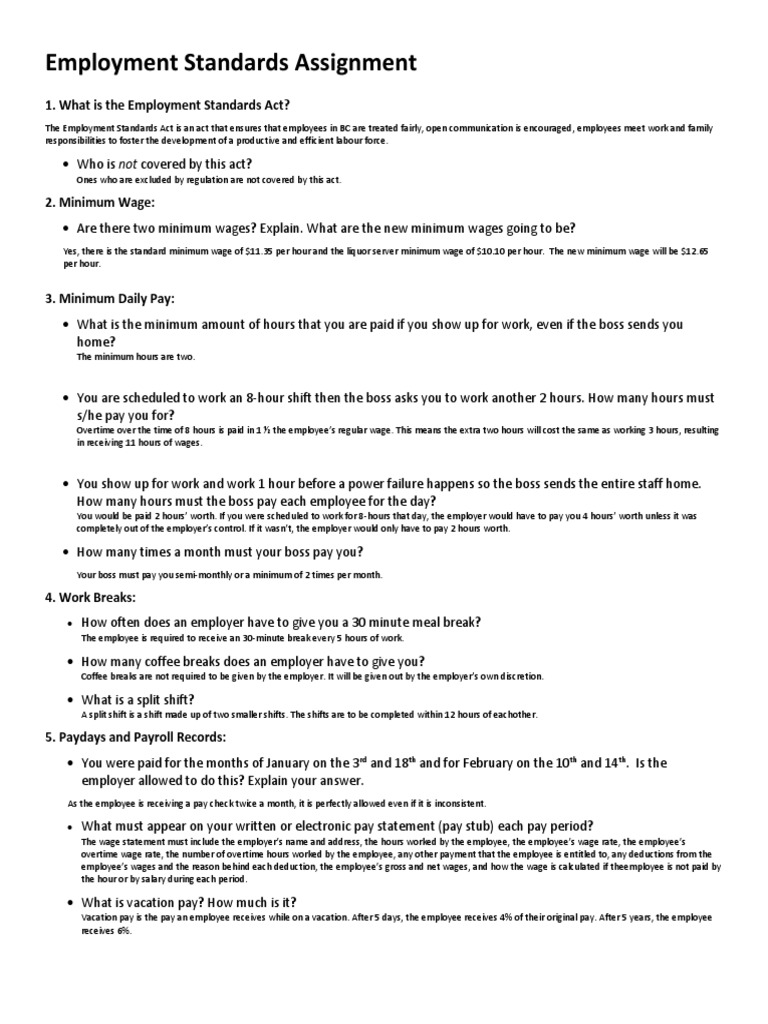 Employment Standards Assignment 1 Pdf Overtime Employment