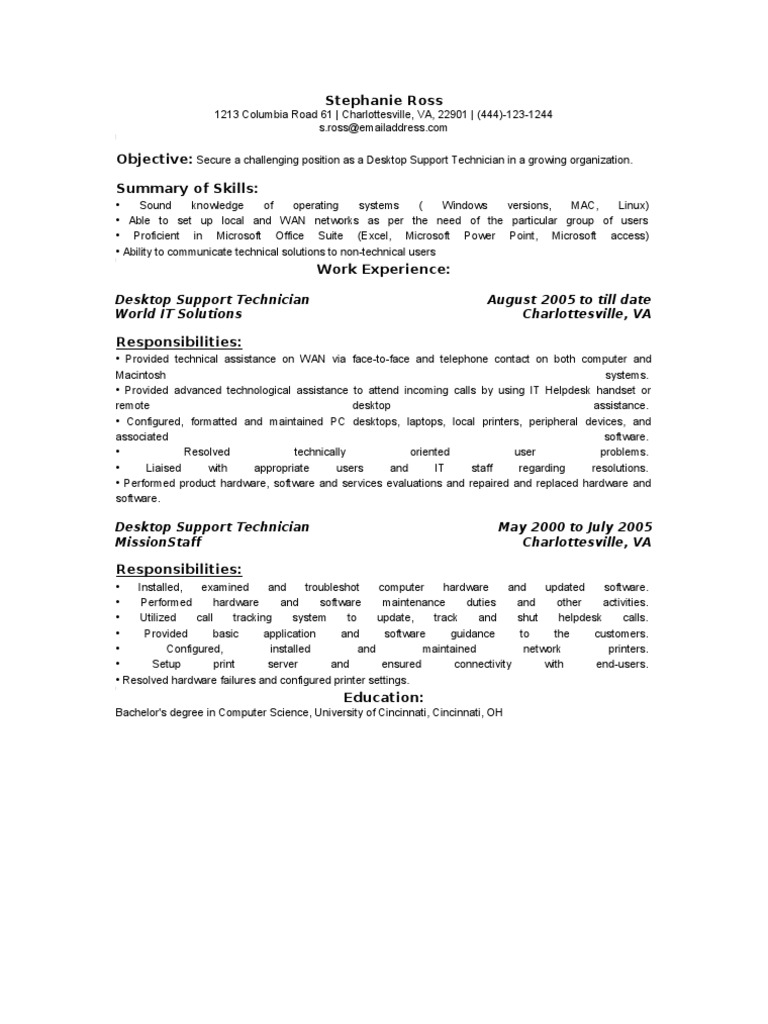 Stephanie Ross Desktop Support Technician World It Solutions