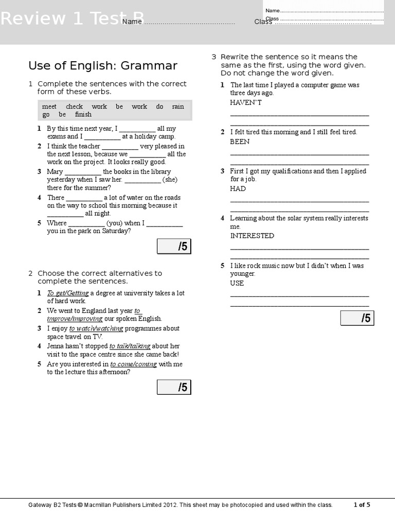 Gateway B2 Final Review Test A Teachers Test (Assessment) Free 30