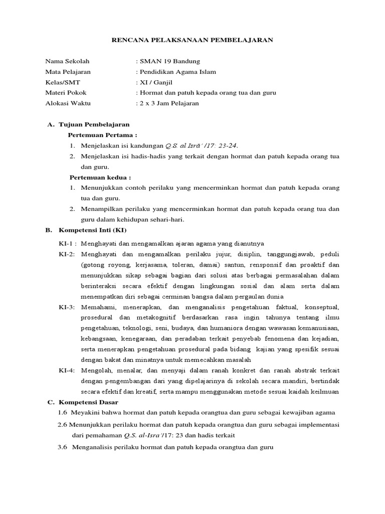 Rpp Hormat Dan Patuh Kepada Orang Tua Dan Guru