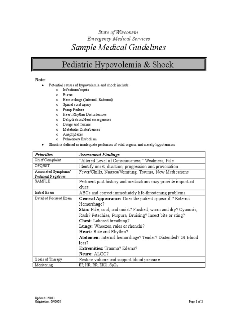Pediatric Hypovolemia & Shock: Sample Medical Guidelines | PDF | Shock ...