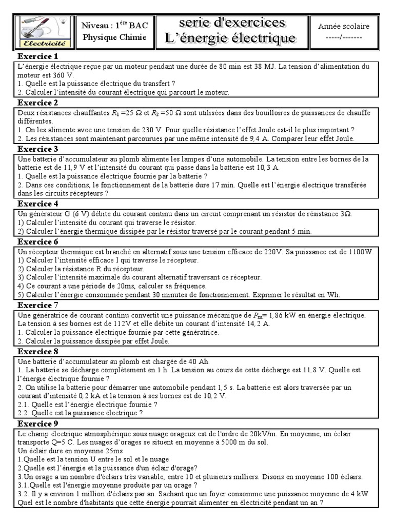 Puissance Et énergie électrique 3ème Exercices Corrigés Pdf 9 Exercice Transfert D'énergie Dans Un Circuit Électrique Puissance  Électrique | PDF | Puissance (physique) | Tension électrique