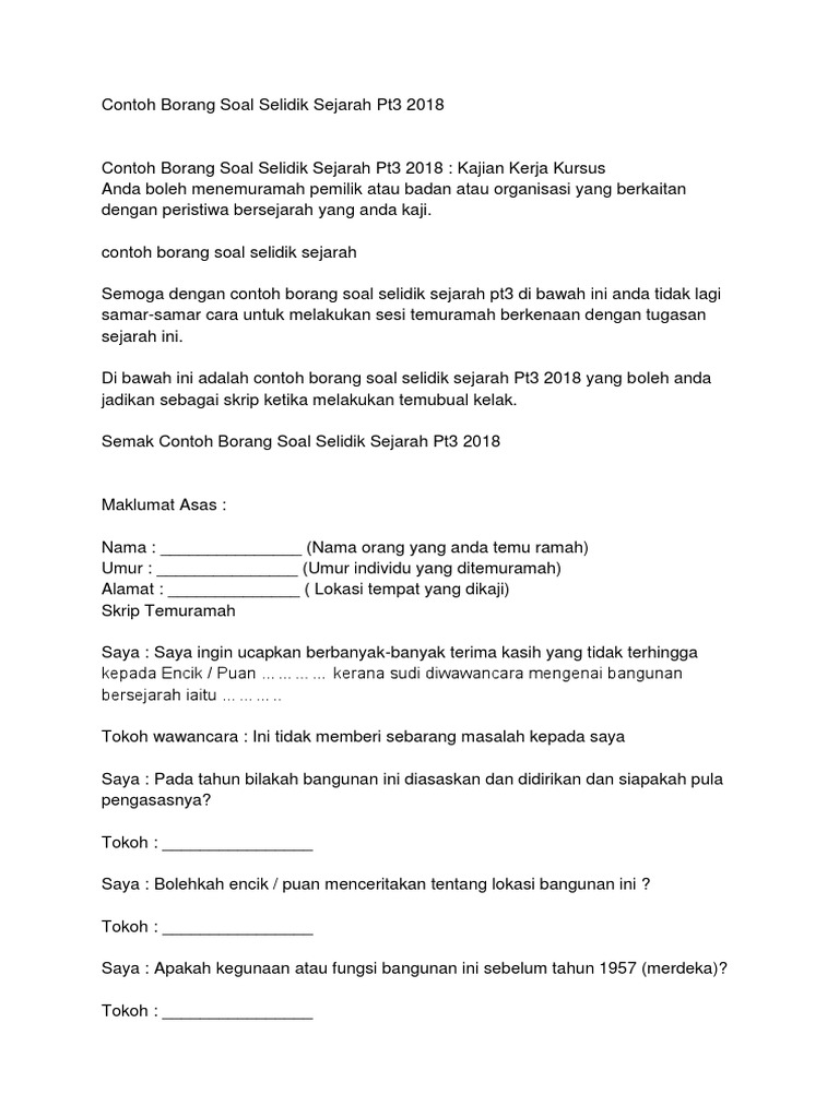 Contoh Borang Soal Selidik Sejarah Pt3 2018