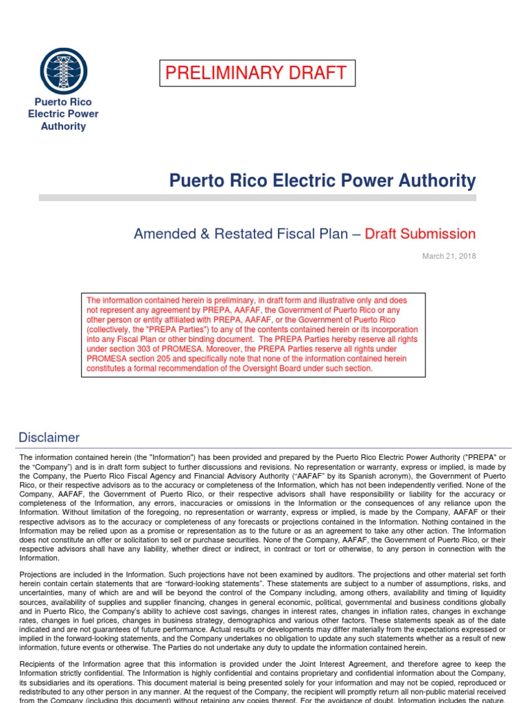 Prepa Fiscal Plan March 2018 Draft | PDF | Electrical Grid | Reliability  Engineering