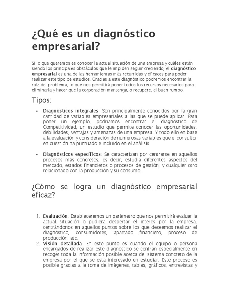 Qué Es Un Diagnóstico Empresarial PDF Evaluación Información