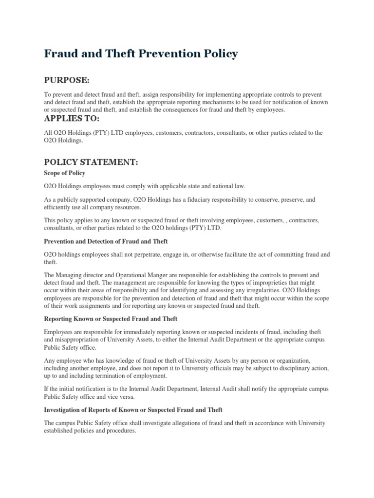 Fraud and Theft Prevention Policy | PDF | Fraud | Internal Audit