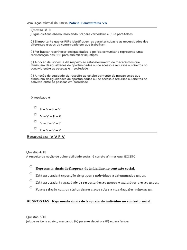 Avaliacao Virtual Do Curso Policia Comunitaria Va Pdf Sociologia Sociedade