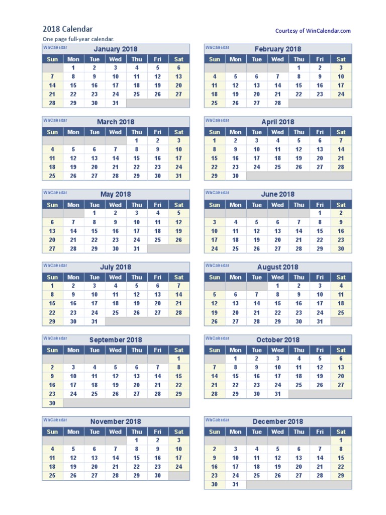 2018 Calendar One Page | PDF