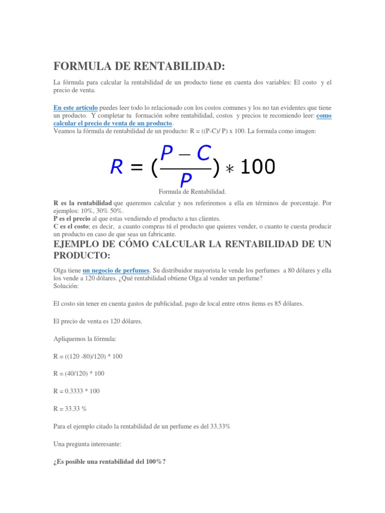 Fórmula para Calcular Rentabilidad de Productos | PDF | Precios ...
