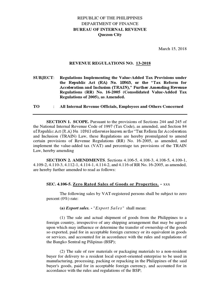 VAT Regulations Under TRAIN Law | PDF | Value Added Tax | Tax Refund