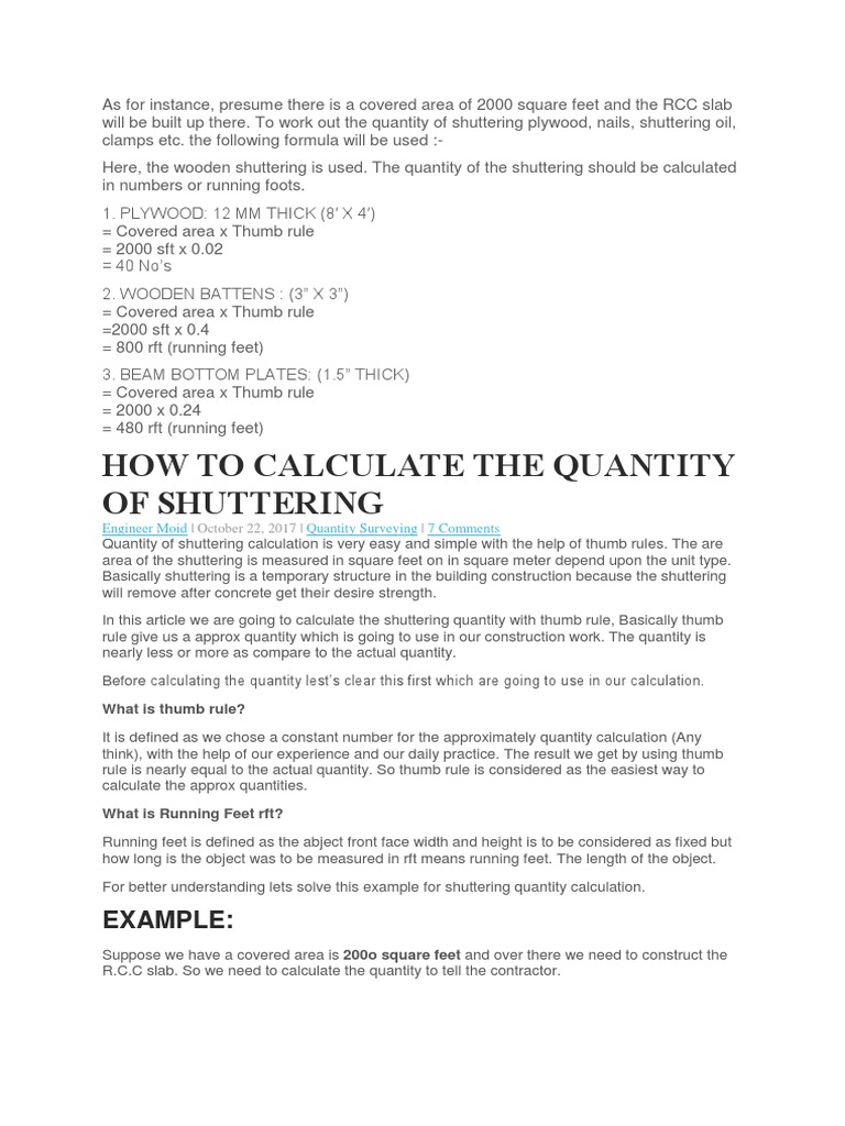 How To Calculate The Quantity of Shuttering: Example | PDF | Length ...