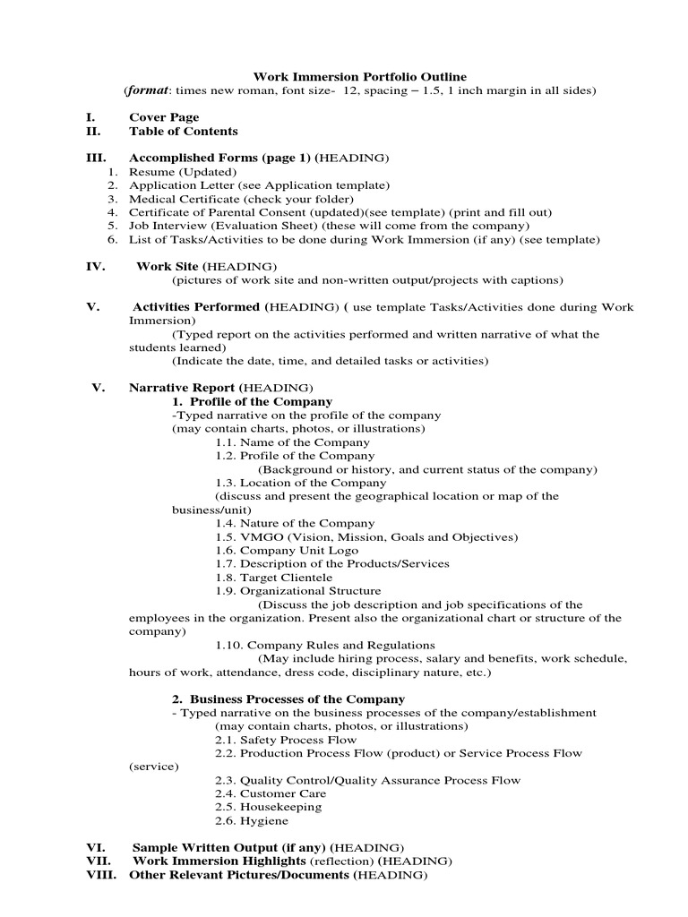 Work Immersion Portfolio Outline Business Process Employment
