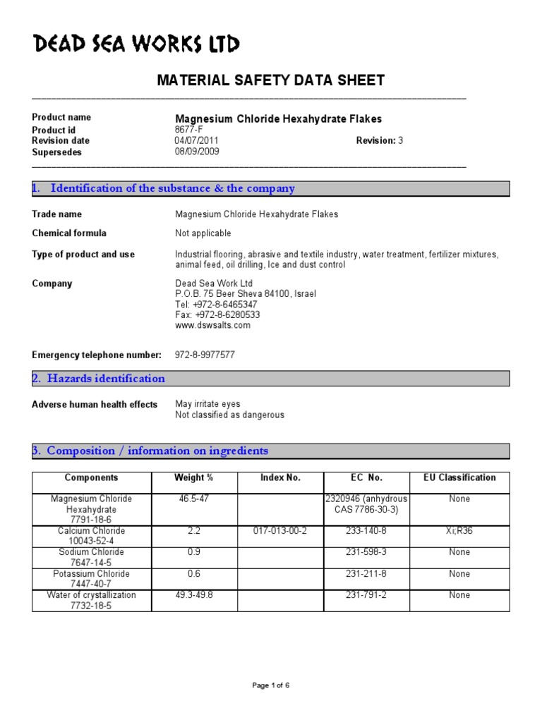 MSDS Magnesium Chloride Hexahydrate Flakes Chlorine Solubility