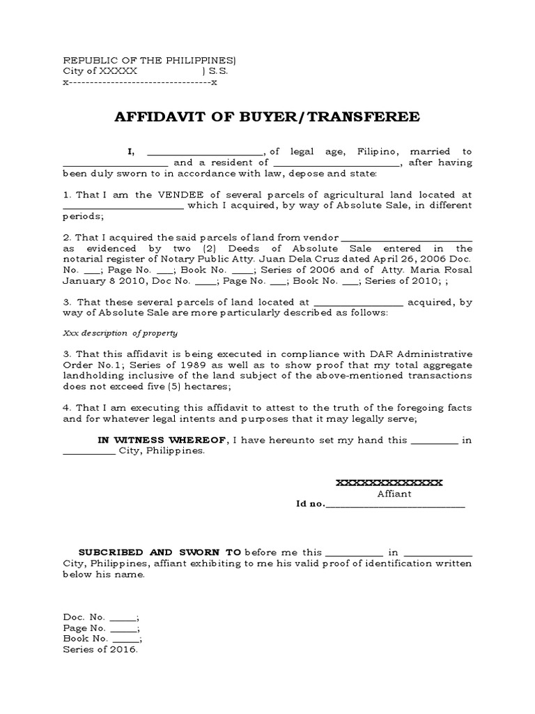 Affidavit of Transferee Sample | Affidavit | Legal Documents | Free 30 ...