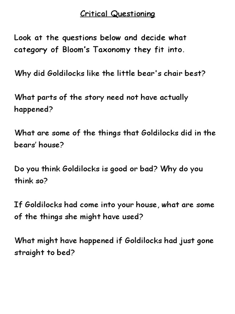 Bloom's Taxonomy: Goldilocks Questions | PDF