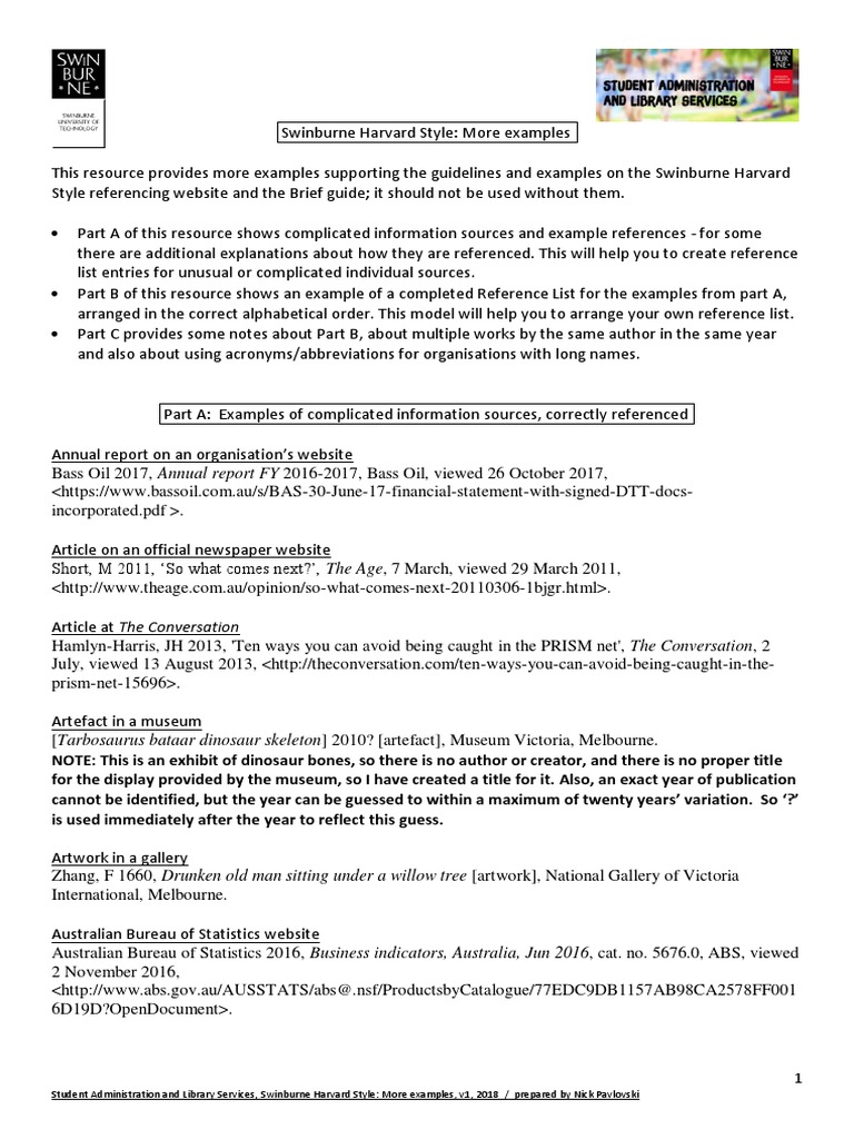 Swinburne Harvard Style More Examples Ver 1 2018 PDF Acronym