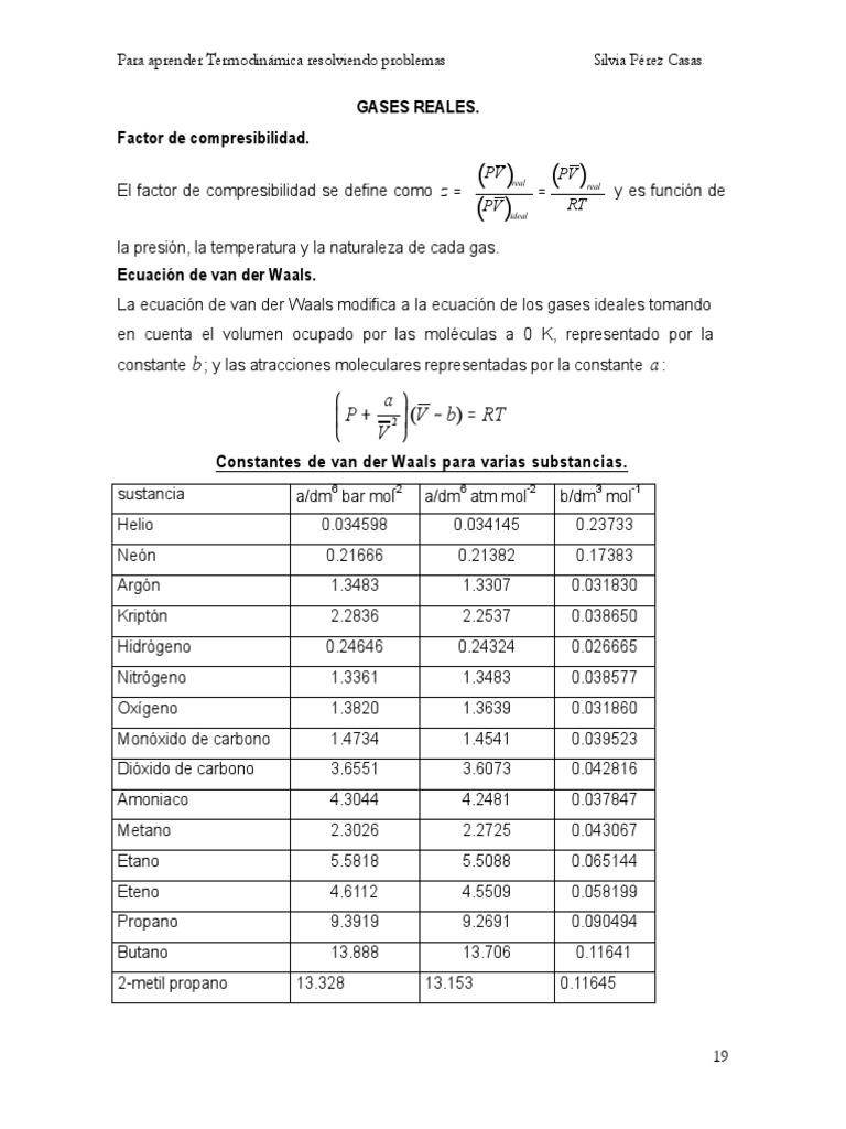 Constantes de van der Waals en Gases | PDF | Gases | Mecánica de Medios ...