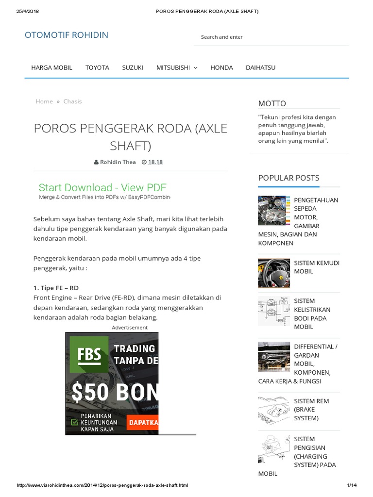 Poros Penggerak Roda (Axle Shaft) | PDF