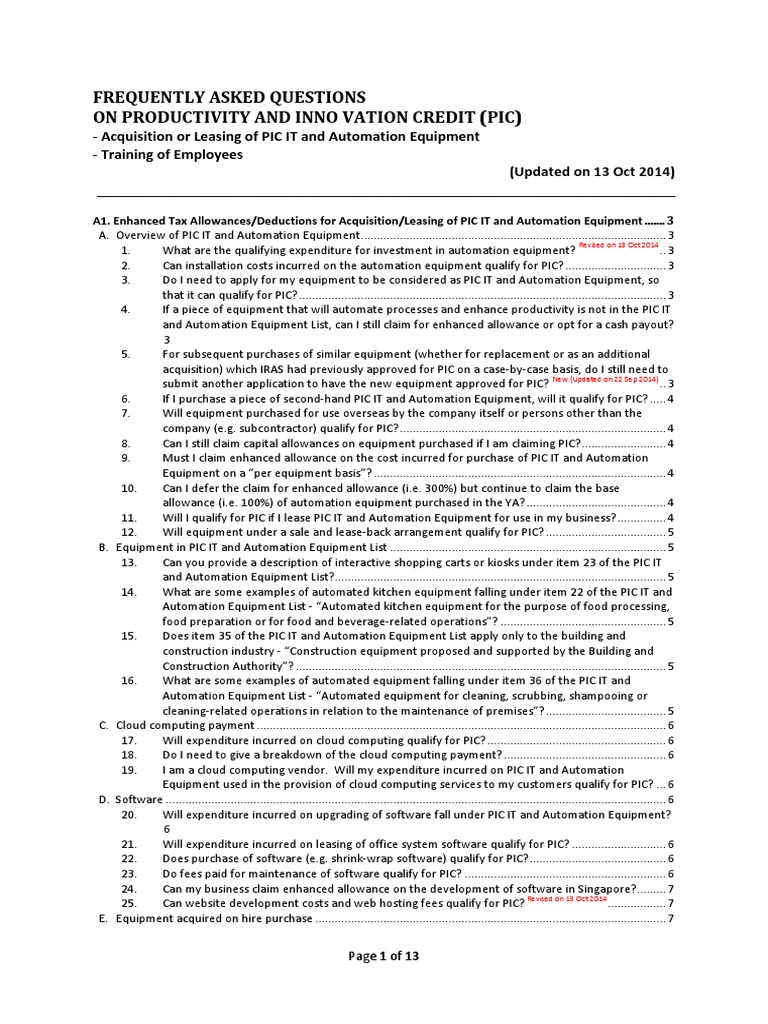 Frequently Asked Questions on Productivity and Innovation Credit (PIC) for Tax Allowances and