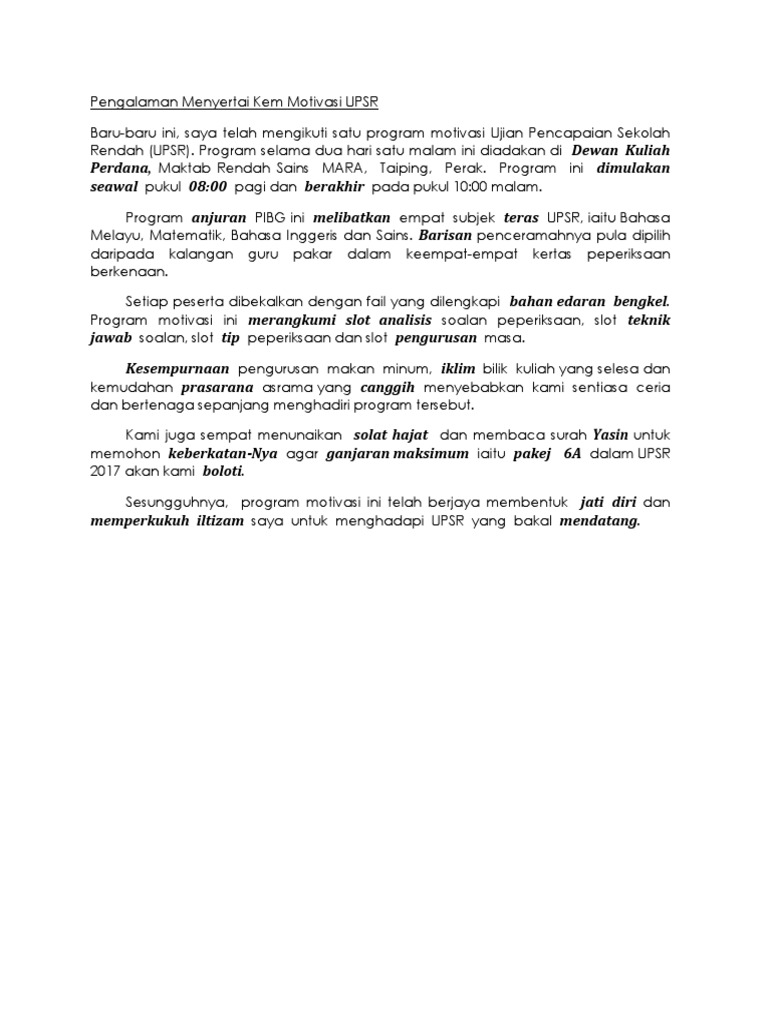 Pengalaman Menyertai Kem Motivasi Upsr Contoh Karangan Pdf