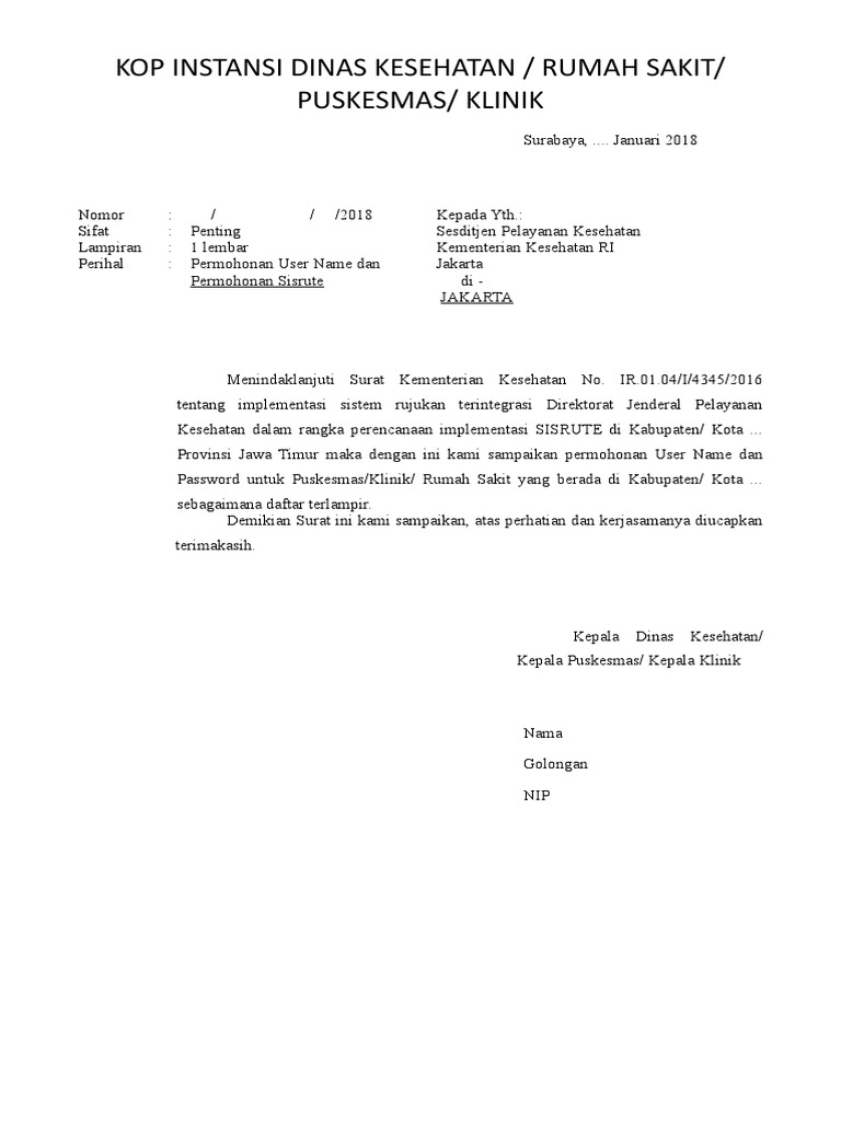 Contoh Surat Permohonan Akun Sisrute Dikoordinir Dinas Kesehatan