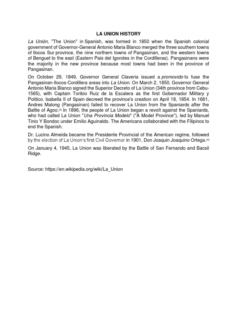 La Unión, "The Union" in Spanish, Was Formed in 1850 When The Spanish Colonial PDF