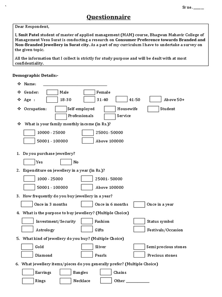 Smit Questionnaire On Jewellery PDF Jewellery Jewelry