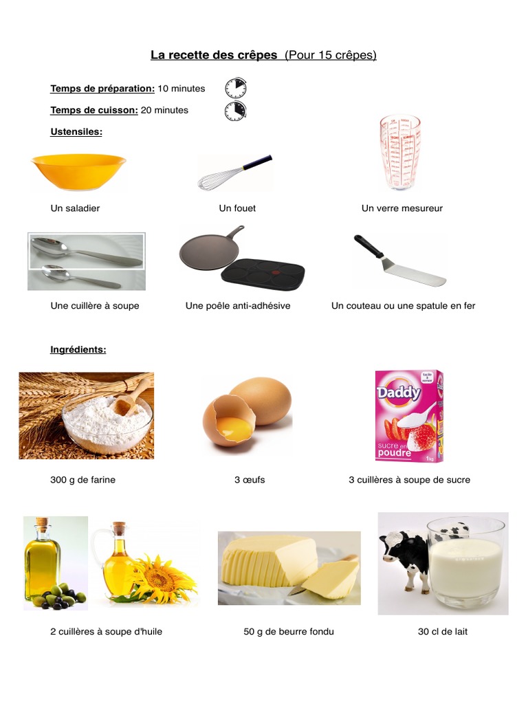 La recette des crêpes (Pour 15 crêpes) Temps de préparation 10 minutes Temps de cuisson 20