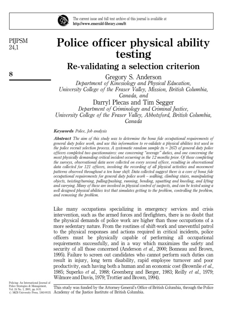 Police Officer Physical Ability Testing: Re-Validating A Selection ...