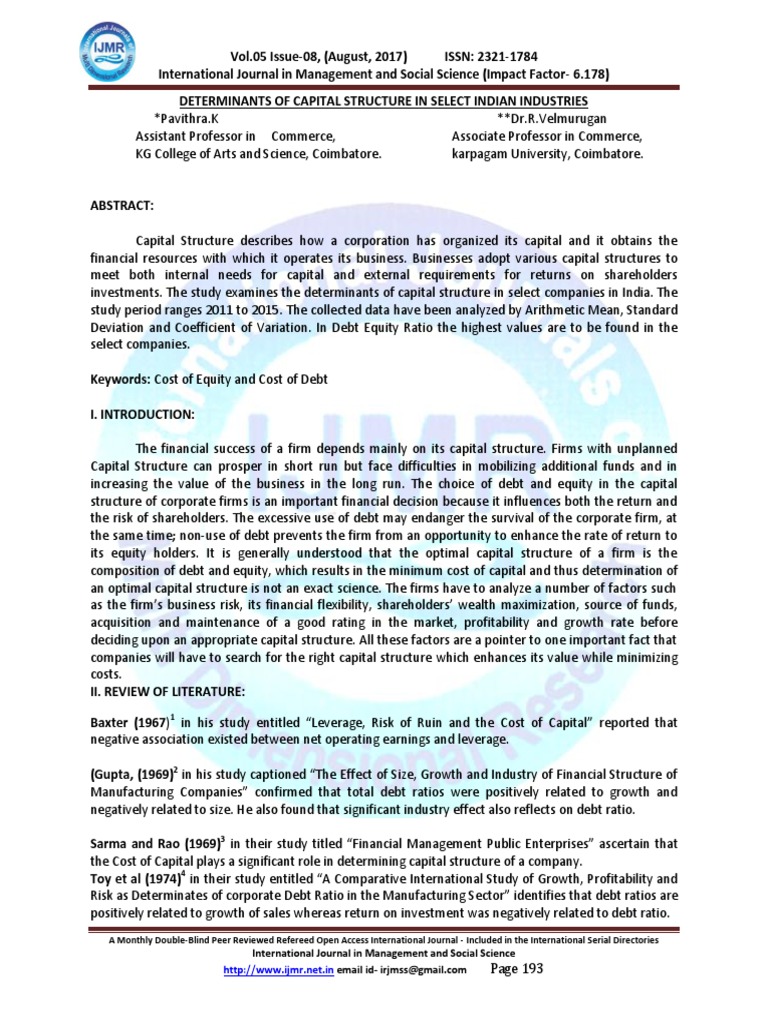 Determinants of Capital Structure in Select Indian Industries | PDF ...