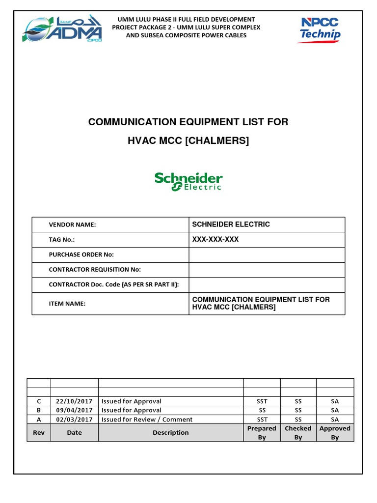 Communication Equipment List For Hvac MCC (Chalmers) PDF Protocols Transmission