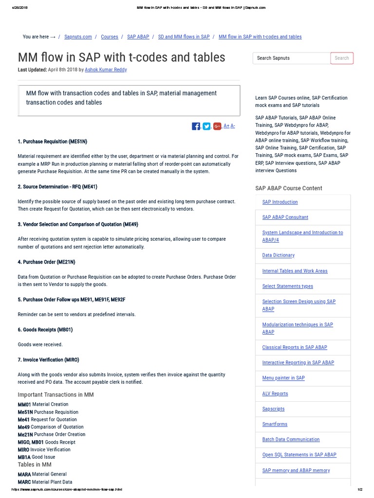 MM Flow in SAP With T-Codes and Tables - SD and MM Flows in SAP | PDF ...
