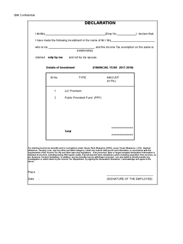 LIC Declaration Form | PDF
