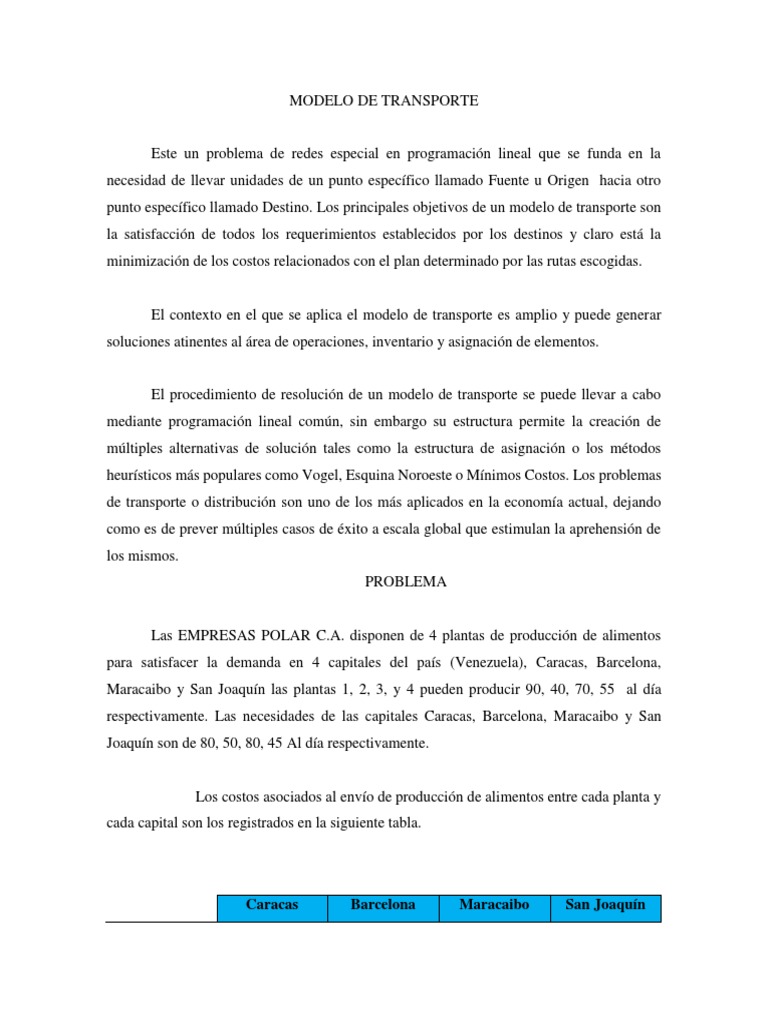 Modelo de Transporte en Programación Lineal | PDF | Programación lineal ...