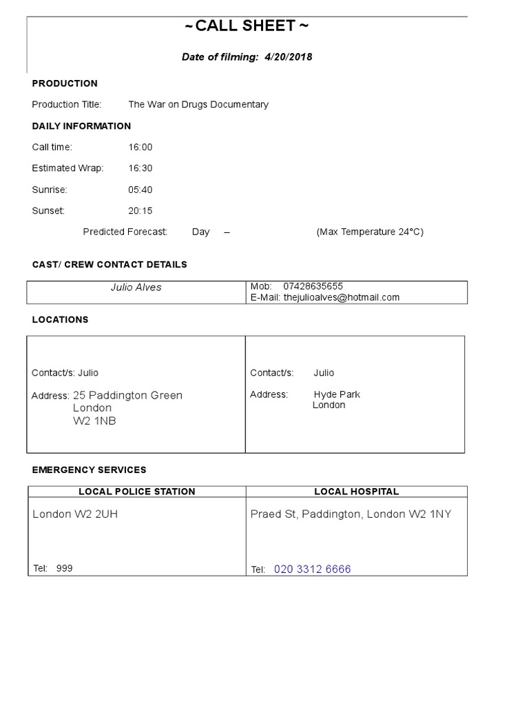 Call Sheet | PDF