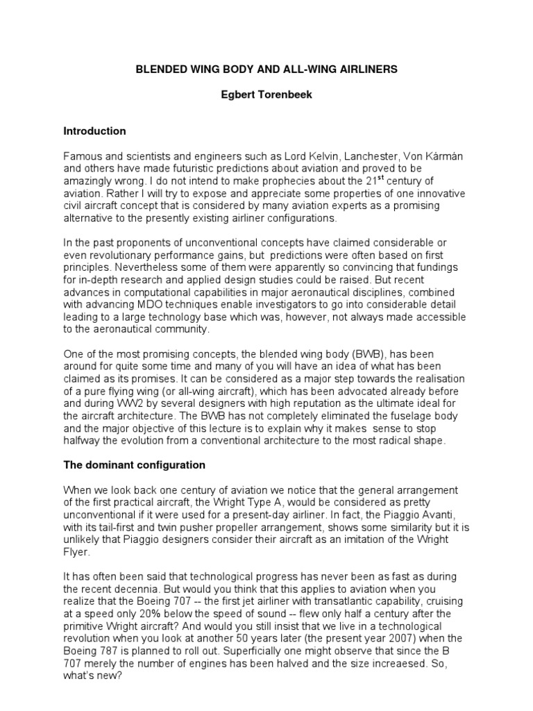 Blended Wing Body and AllWing Airliners Egbert Torenbeek PDF