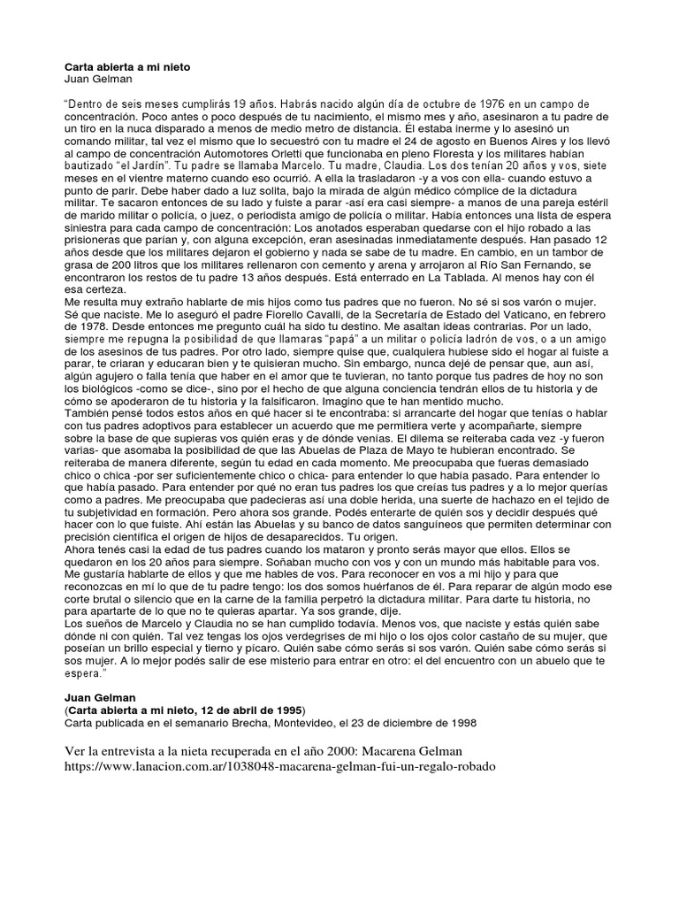 Carta Abierta A Mi Nieto Juan Gelman PDF