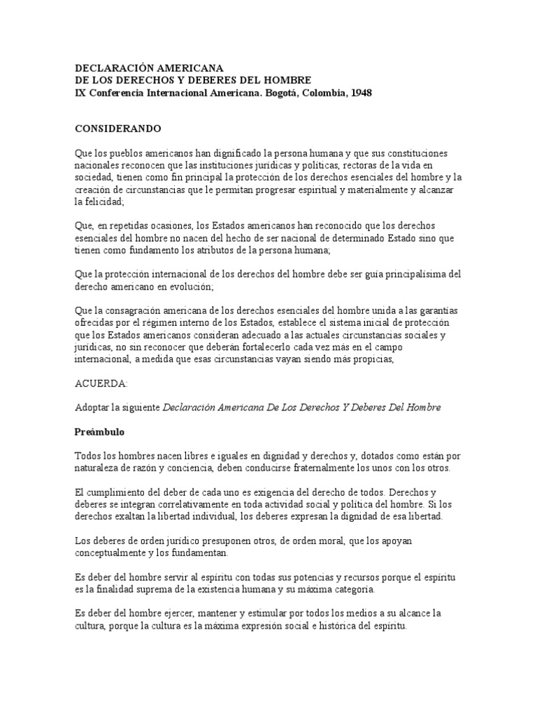 Declaración Americana De Los Derechos Y Deberes Del Hombre IX Conferencia Internacional