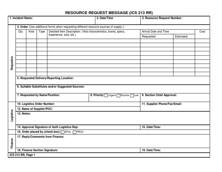 ICS 213 RR Resource Request Form | PDF | Technology & Engineering