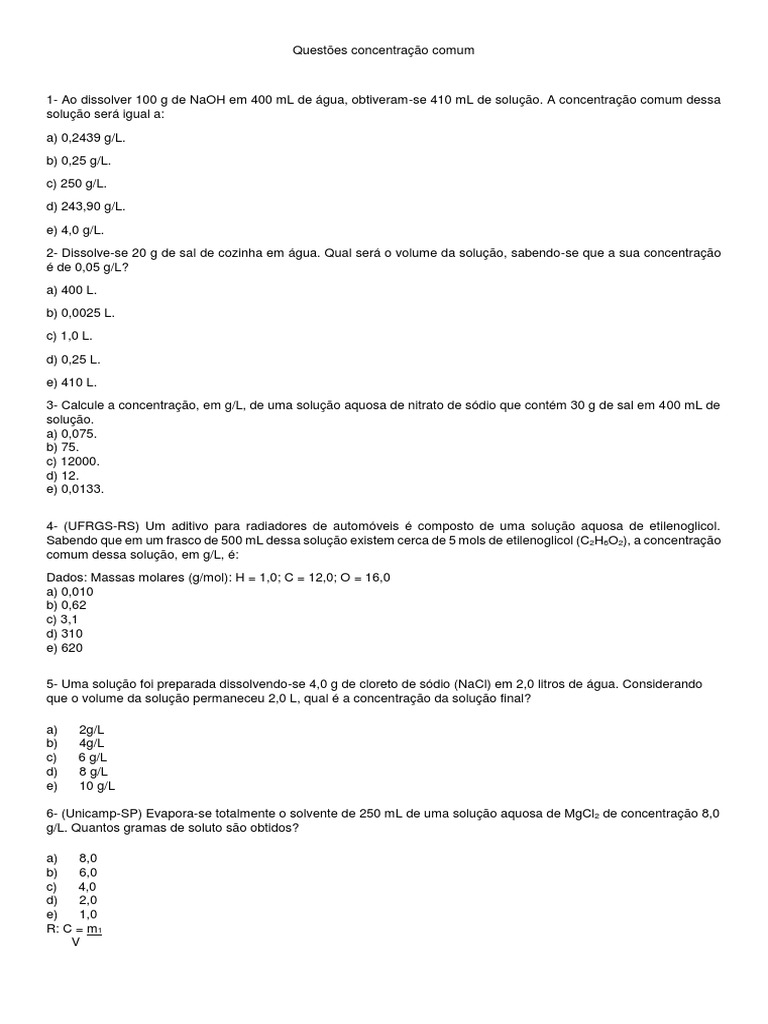 Questões concentração comum.docx | Solução | Concentração