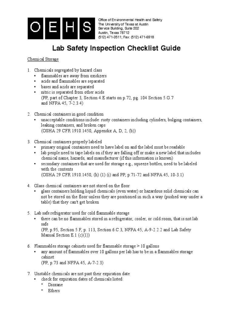 Lab Safety Inspection Checklist Guide PDF Laboratories Materials