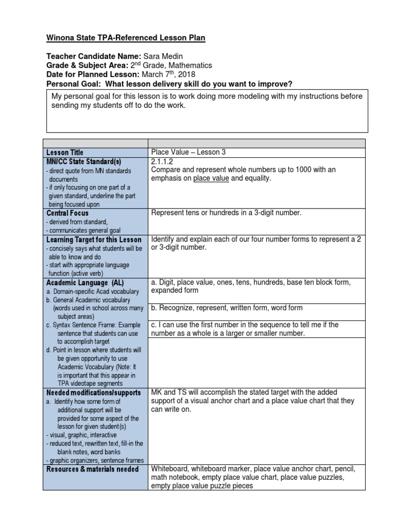 2nd Grade Math Lesson Plan: Place Value | PDF | Vocabulary | Teachers