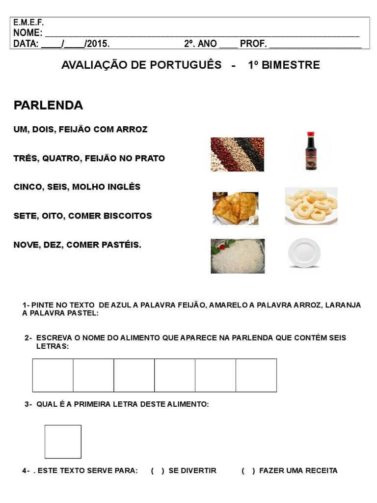 Avaliação de Português 2º Ano - 1º Bimestre | PDF | Artes Linguísticas ...