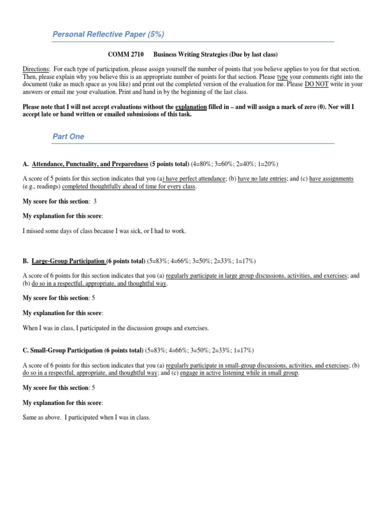Personal Participation Reflection for COMM 2710 | PDF | Pedagogy | Learning