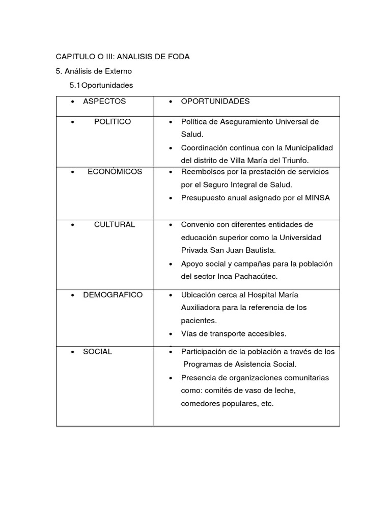 Capitulo o III Analisis de Foda | PDF | Salud y bienestar | Medicina